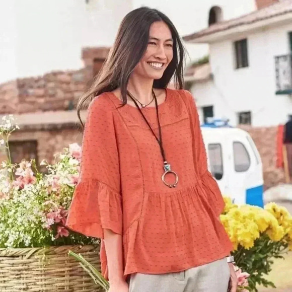Sundance Susannah Blouse Size XS Orange/Coral Ruffle Swiss Dot Eyelet - Picture 1 of 9